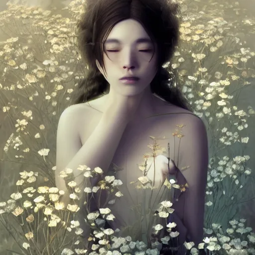 Image similar to goddess of nemophila flowers portrait, amalgamation of leaves and flowers, orthodox saint, beautiful raking sunlight, nemophila flowers, no hands. intricate artwork by Hsiao-Ron Cheng. octane render, trending on artstation, greg rutkowski. cinematic, hyper realism, high detail, octane render, 8k