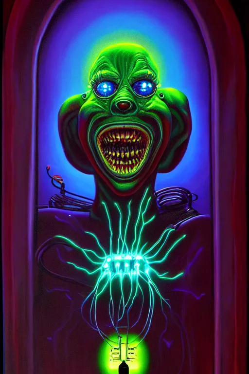 Prompt: a hyperrealistic painting of an electricity creature specter in the mansions lobby, cinematic horror by chris cunningham, lisa frank, richard corben, highly detailed, vivid color,