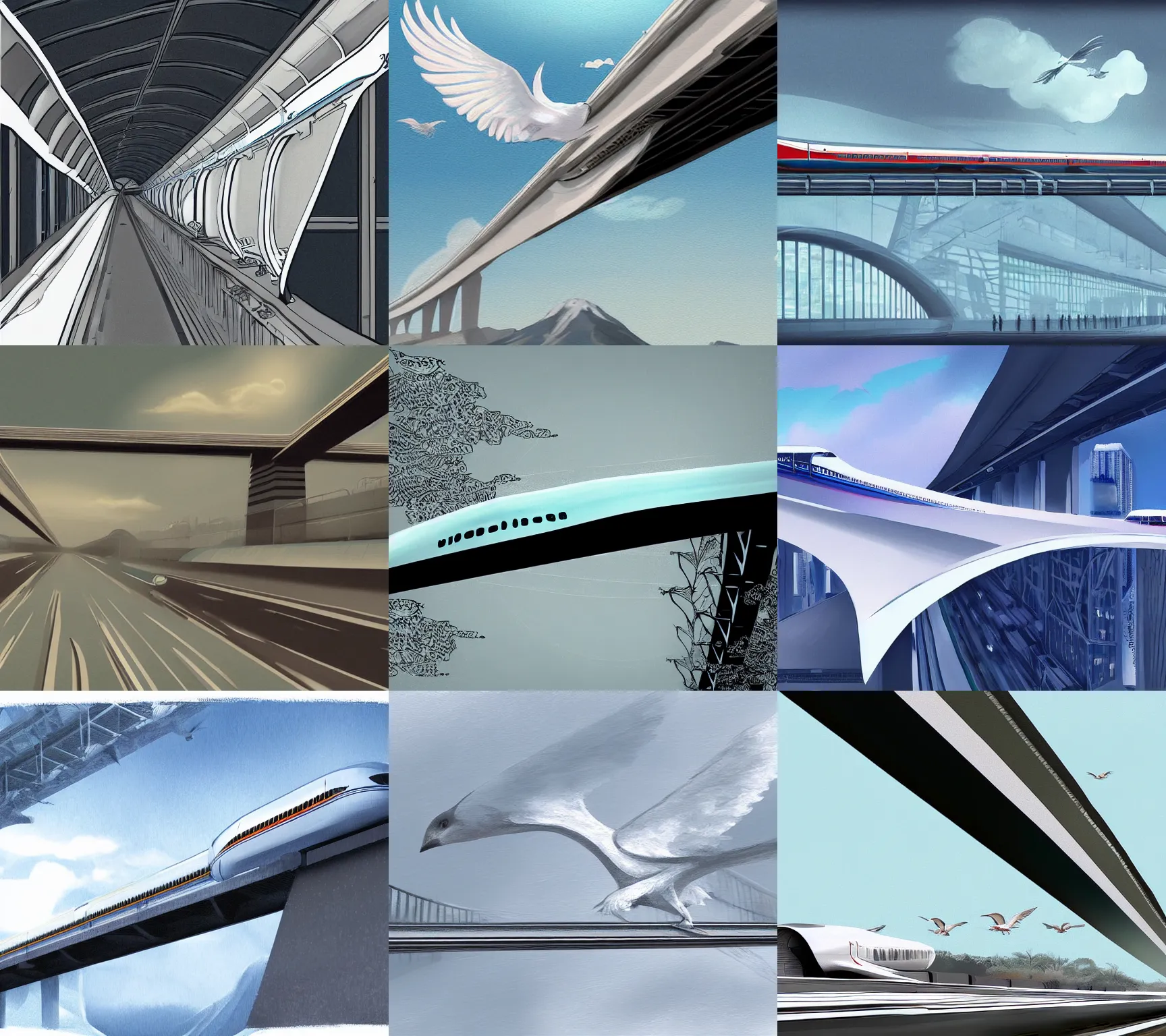 Prompt: ghost bird over maglev shinkansen on an arch bridge, high quality, digital painting, artstation