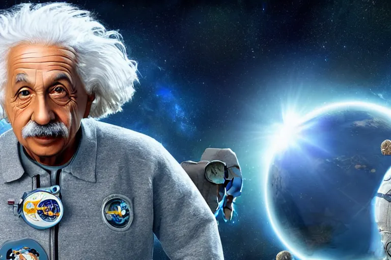 Image similar to still fullbody photo of sad albert einstein in spacesuit in space, flat earth on elephants and turtle at background, highly detailed, photorealistic shot, bright studio setting, studio lighting, crisp quality and light reflections, unreal engine 5 quality render