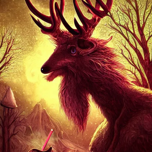 Image similar to 4 k headshot portrait of a psychedelic demonic anthropomorphic deer - horned wendigo smoking a hand - rolled cigarette smoking heavily, magic mushroom village in background. award winning. superb resolution. in the art style of junji ito and greg rutkowski. detailed mushroom city in background. hyper realistic anime. perfect art. dalle 2