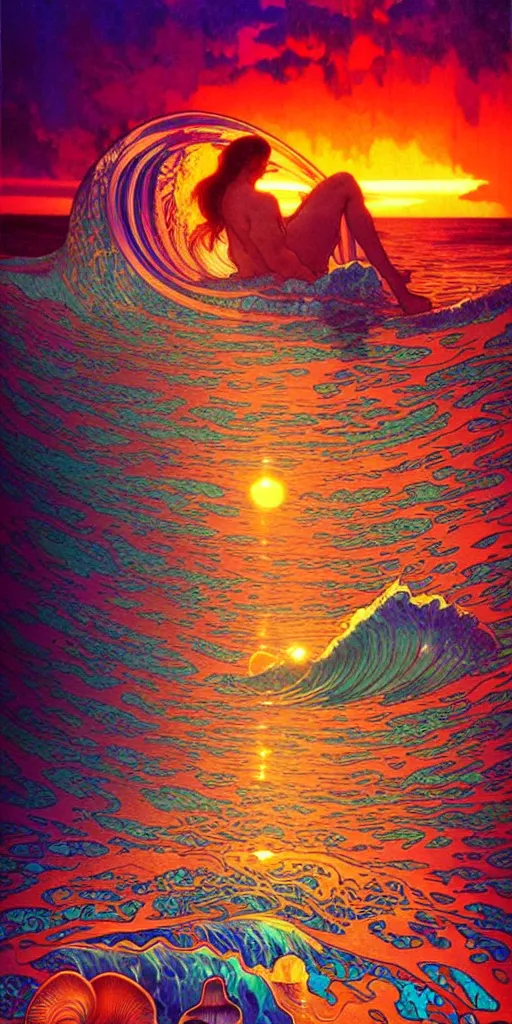 Prompt: ocean wave around psychedelic mushroom, dmt water, lsd droplets, backlit, sunset, refracted lighting, art by collier, albert aublet, krenz cushart, artem demura, alphonse mucha