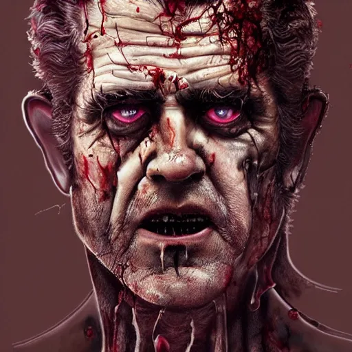 Image similar to a zombie Mel Gibson, by WLOP, horror, wounds, bloody, dark fantasy, trending on artstation