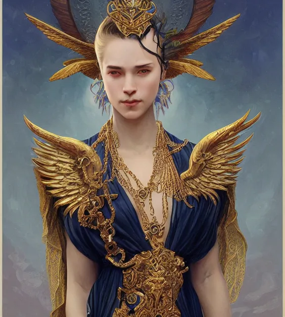 Image similar to god of death, young man, in the underworld, elegant dark blue dress, very detailed, throne, very intricate details, jewelry, gold tattoos, elaborate long black hairstyle, wings, cinematic, artstation, william bouguereau, alphonse mucha, greg rutkowski, rossdraws, octane render