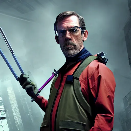 Image similar to Film still of Hugh Laurie dressed up as Gordon Freeman in an HEV Suit holding a crowbar for the Half Life Movie with a dark and foggy background, 4k resolution, 8k resolution, HD Quality, highly detailed, very detailed, detailed, studio quality lighting, digital art, trending on artstation, Dramatic, Dramatic Lighting, Dramatic Angle, Epic, film still