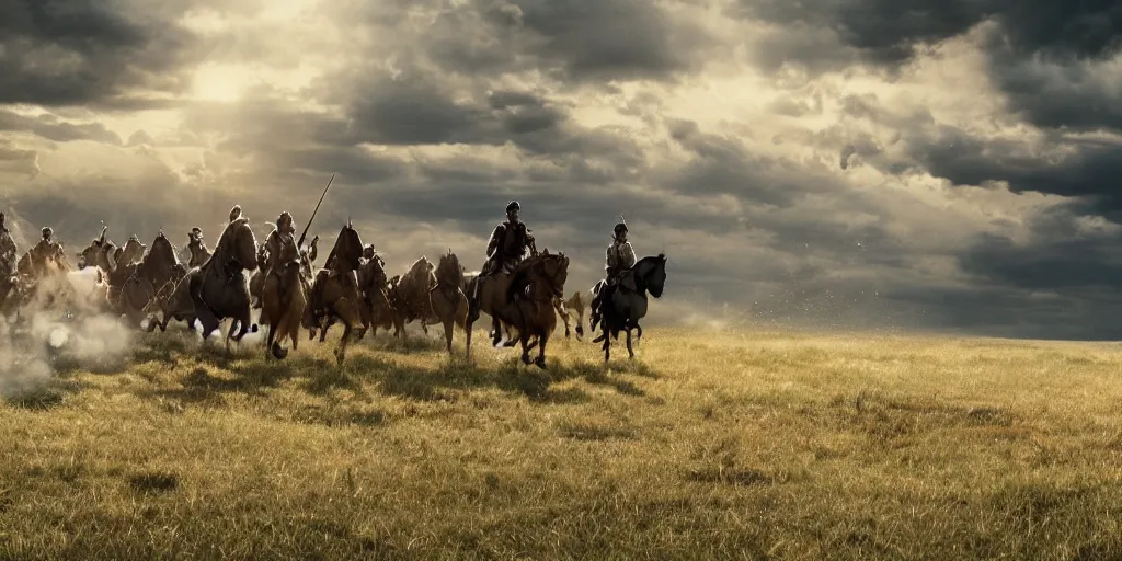 Prompt: promotional movie still rendered in octane, of an action shot from the battle of little bighorn, custer's last stand, majestic horses and their riders, desperate action heading towards the offset center of the scene, dramatic hdr natural light, cinematic lighting, extremely high detail, photorealistic, imax 7 0 mm, iso 4 0 0, 8 k, 4 k, hq