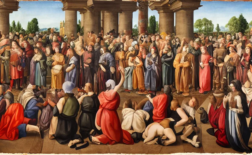 Prompt: renaissance style, mass group of people in masks praying to a giant syringe.