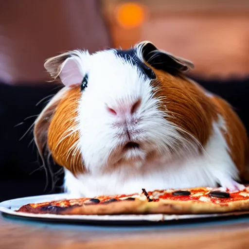 Image similar to A guinea pig eating pizza while watching tv