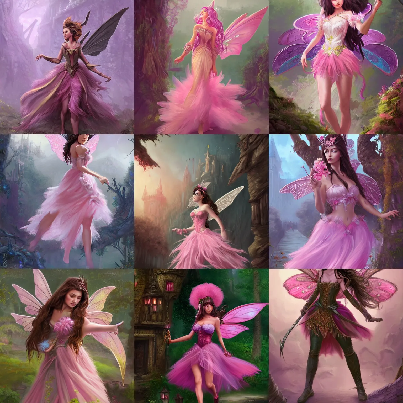 Prompt: concept art, illustration, fantasy, brunette fairy woman, highly detailed, sharp focus, wearing pink romantic tutu, walking in a castle, d & d, digital painting, trending on artstation, digital fantasy art by steve argyle and jason chan