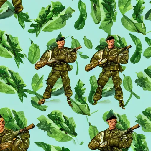 Image similar to retro, hd illustration of military troops, mint leaves, inspired by watercolor masterpieces, trending on artstation, 4 k