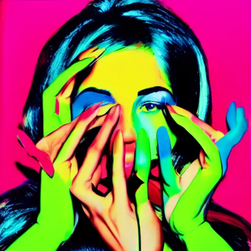 Image similar to a woman with colorful nail polish holding her hands to her face, a pop art painting by david lachapelle, featured on flickr, pop art, neon, vivid colors, glowing neon