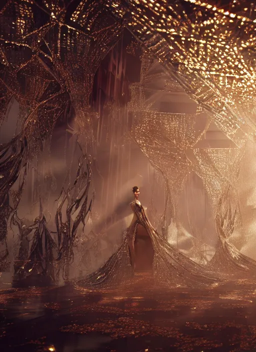 Image similar to beauteous sumptuous, futuristic catwalk fashion show, crystal, gold, copper, bronze, crystalline masterpiece incrustations, by victoria frances, hyperdetailed metalwork, movie still, intricate, octane render, cinematic forest lighting, unreal engine, crepuscular rays, god rays