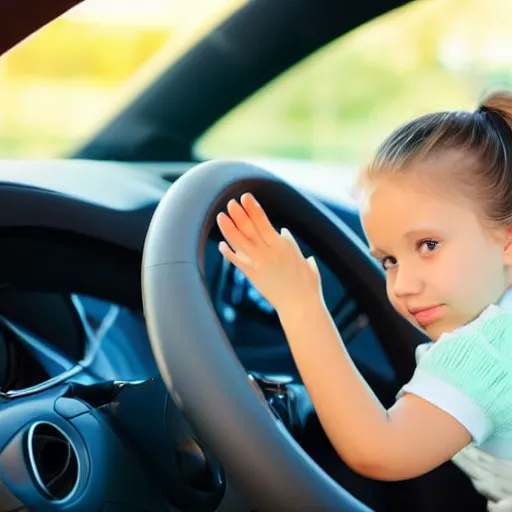 Prompt: small girl sitting on the wheel in the car and driving