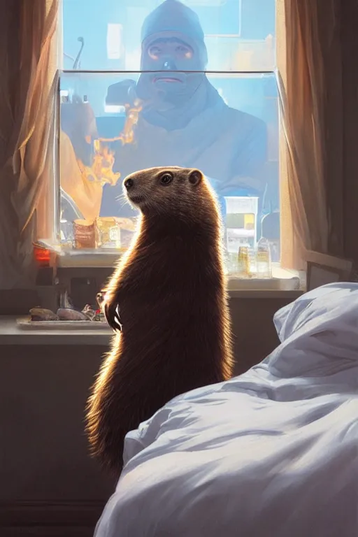 Image similar to groundhog cooking meth lies on the bed, realistic portrait, highly detailed, digital painting, artstation, concept art, smooth, sharp focus, illustration, cinematic lighting, art by artgerm and greg rutkowski and alphonse mucha