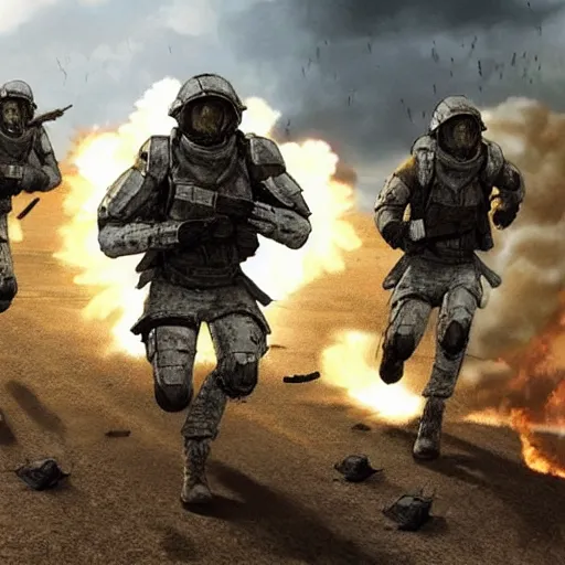 Image similar to hyper realism, realistic apocalyptic war scene, explosions, science - fiction soldiers running with armour in the middle of explosions and bullets,