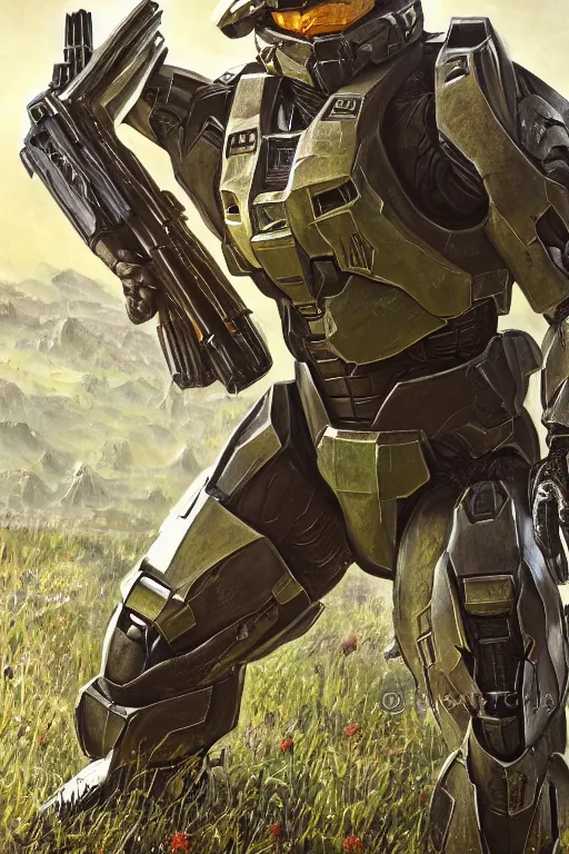 Prompt: master chief from halo 3 hunting easter eggs, easter, oil on canvas, intricate, portrait, 8 k highly professionally detailed, hdr, cgsociety