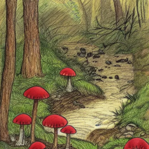 Image similar to illustration of a wooded scene with a small stream in the distance and a red mushroom in the foreground, coloured pencil drawing, highly detailed, beatrix potter