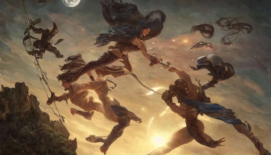 Image similar to epic masterpiece tournament, hyperrealistic, octane render, cinematic, night, moon, muscular bodies, sweaty skin flying kicks, magic, by Edgar Maxence and Ross Tran and Michael Whelan, Lorenzo Sperlonga Legends of Runeterra