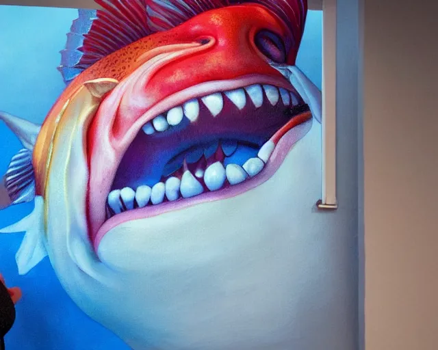 Image similar to an innocent and beautiful scene in hyper realistic style, about an fat old woman painting a huge colorful fish on the wall, lighting from the barred window. shadows. 4 k. wide angle. wild mood. red mouth, blue eyes. deep focus, lovely scene. ambient occlusion render. unreal engine.