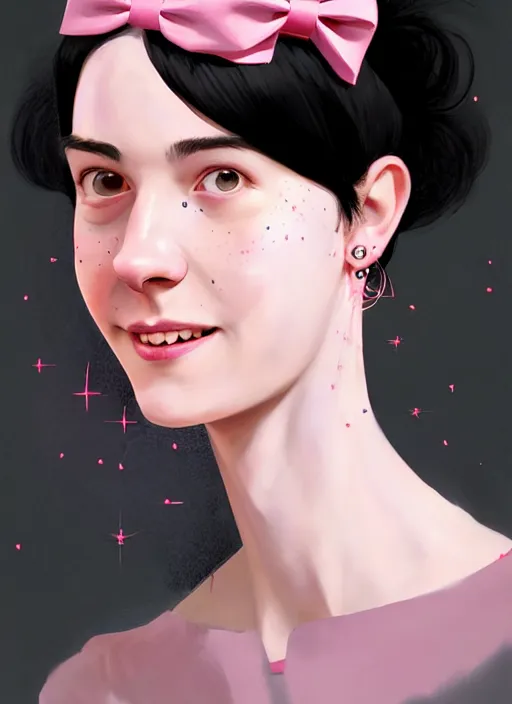 Image similar to portrait of high school girl, realistic, black hair, bangs, half updo hairstyle, pointy nose, skinny, smile, ugly, defined jawline, big chin, pink hair bow, earrings, intricate, elegant, glowing lights, highly detailed, digital painting, artstation, sharp focus, illustration, art by wlop, mars ravelo and greg rutkowski