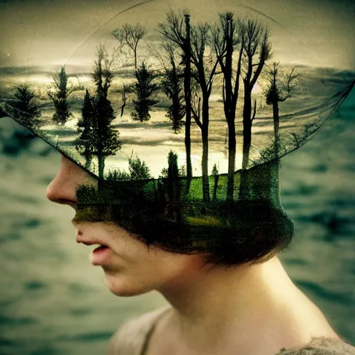 Prompt: girl head and landscape double exposure photography