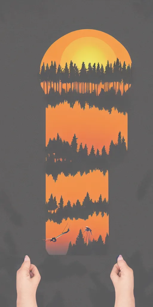 Prompt: , tshirt design, logo style, a crane and a lake next to a forest of pines, big red sun in the background, fresh modern look, thick line art, made with photoshop,