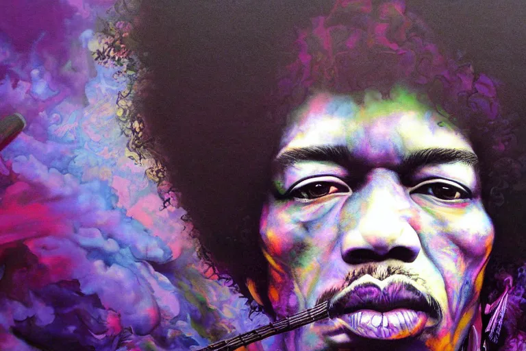 Image similar to A Weirdcore Mesmerizing 8k hyperrealistic Photo Portrait jimi hendrix transforming into a purple haze, soft, sharp focus, detailed, artwork By Ayami Kojima, Daytoner, Greg Tocchini, James Jean,Yoshitaka Amano