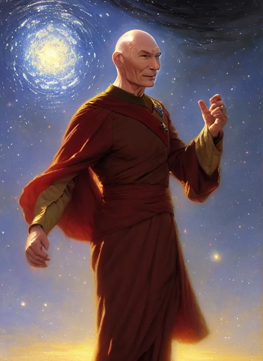 Image similar to captain picard, god of starlight, long flowing hair, modest flowing gown, smug expression, highly detailed painting by gaston bussiere, craig mullins, j. c. leyendecker 8 k, sparkling nebula