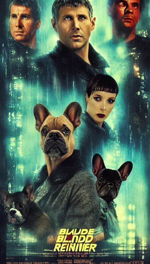 Image similar to movie poster of blade runner with french bulldogs, highly detailed, hyper realistic, large text, low saturation