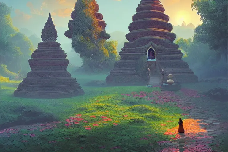 Prompt: summer morning, thai temple, rolling mountain, very coherent and colorful high contrast, art by gediminas pranckevicius, dark shadows, hard lighting