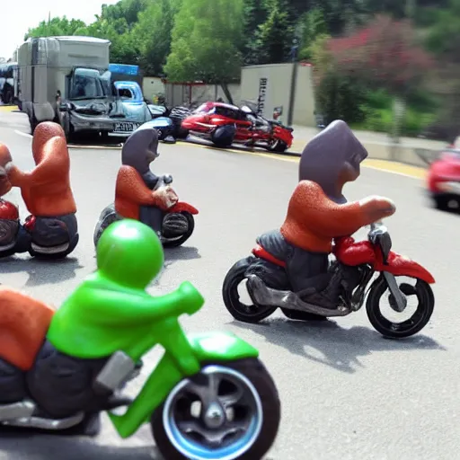 Prompt: drunken gnomes on a motorcycle flee from a police chase