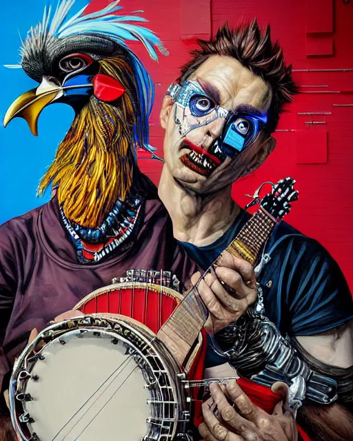 Prompt: a portrait of an anthropomorphic cyberpunk rooster picking on a banjo by sandra chevrier, by jon foster, detailed render, tape deck, epic composition, cybernetics, 4 k realistic, cryengine, realistic shaded lighting, sharp focus, masterpiece, by enki bilal