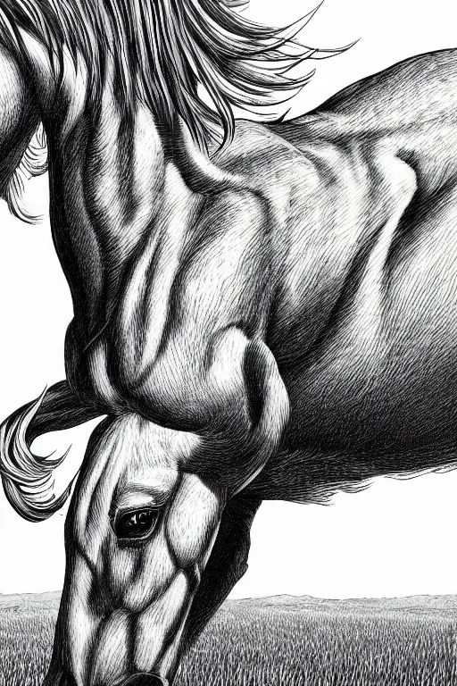 Image similar to horse in a field, symmetrical, highly detailed, digital art, sharp focus, trending on art station, kentaro miura manga art style