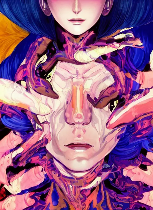 Image similar to portrait of a psychedelic angel, digital painting masterpiece, advanced lighting technology, stylized yet realistic anatomy and face, gorgeous, by reiq and bengus and akiman and shigenori soejima and bastien vives and balak and michael sanlaville and jamie hewlett, 4 k wallpaper, cinematic, gorgeous brush strokes, coherent and smooth