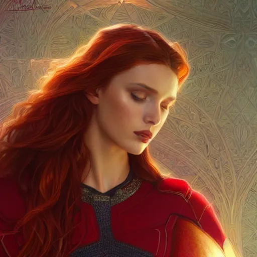 Image similar to ultra realistic illustration, bella thorne as scarlet witch, intricate, elegant, highly detailed, digital painting, artstation, concept art, smooth, sharp focus, illustration, art by artgerm and greg rutkowski and alphonse mucha