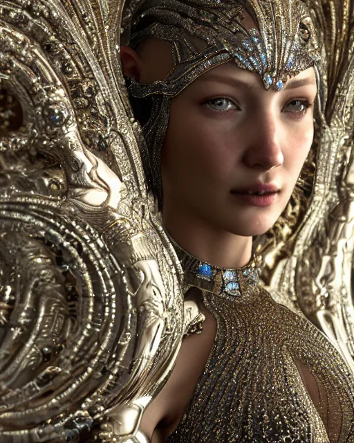 Prompt: a highly detailed metahuman 4 k close up render of a goddess bella hadid monument renaissance in iris van herpen dress schiaparelli in diamonds crystals swarovski and jewelry iridescent in style of alphonse mucha gustav klimt trending on artstation made in unreal engine 4