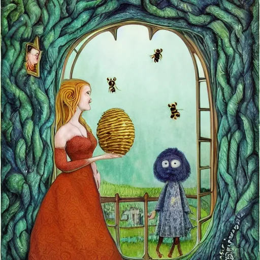 Image similar to a portrait of a woman standing infront of a window, she is happy and has lovely hair and eyes, a man is standing behind her with a look of suprise in his face, 🪴🌳🐝, 8 k, lowbrow, in the style of daniel merriam and alexander jansson,