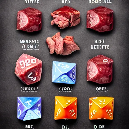 Image similar to d20 made of meat, dnd, dice, dungeons and dragons, steak, beef, oily, glisten, juicy, gaming, in the style of food photography, food stylist, monster manual,