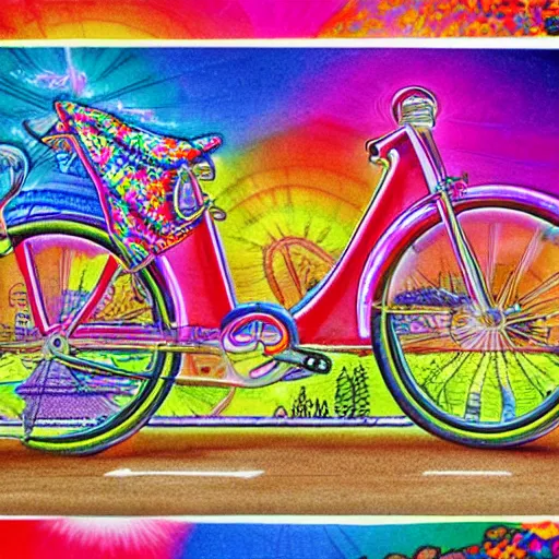 Image similar to hoffman bicycle trip, blotter art, in the style of lisa frank