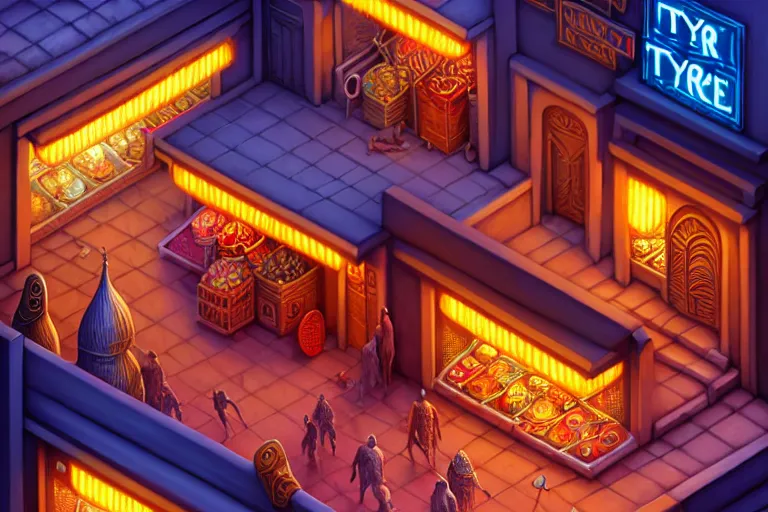 Image similar to isometric view of a highly detailed bazaar street in the dune city of tyr from the land of athas, amazing dark sun digital painting, by gerald brom, brom digital art, intricate details, ultra realistic, beautiful art, volumetric lighting, warm colors advance cool colors recede, by brom, trending cgsociety, artstation, rim lighting, 8 k