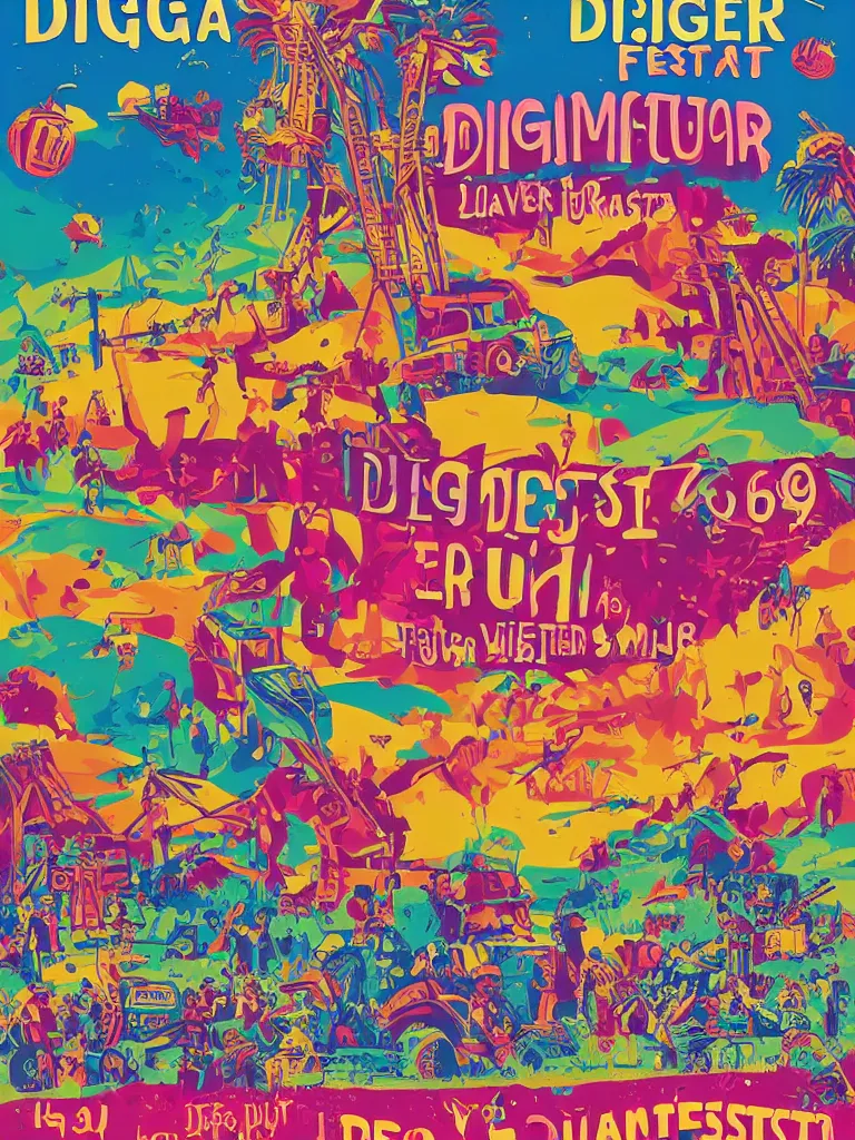 Image similar to poster for a summer festival called diggerfest in the united kingdom, rdigger land, really good vibes, colorful, construction, friends