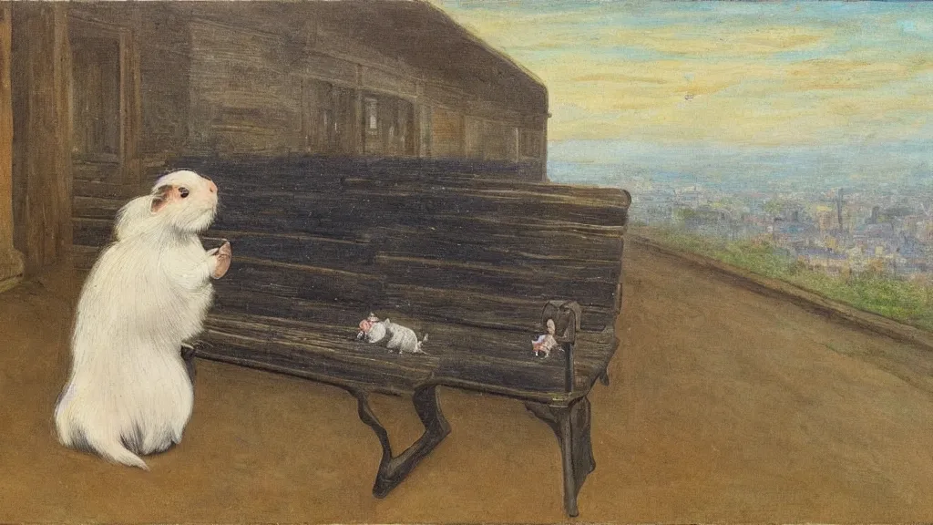 Prompt: a guinea pig sitting on a bench overlooking a city at night, stars in the sky, in the style of fanny brate