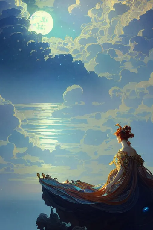 Image similar to a huge ship in the clouds high in the sky moonlight, ssci - fi and fantasy, intricate and very beautiful and elegant, highly detailed, digital painting, artstation, concept art, smooth and sharp focus, ( ( illustration, art by tian zi and wlop and alphonse mucha ) )