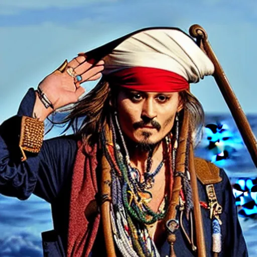 Image similar to jhonny Depp as an Arab pirate sailing the seven seas, God rays