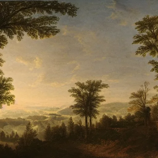 Prompt: Photograph of a forested landscape with a town in the distance. Detailed, well lit.