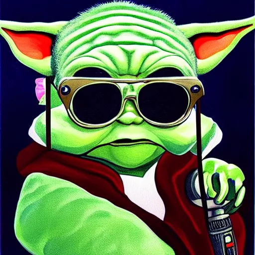 baby yoda wearing sunglasses, dark, highly detailed, 4, Stable Diffusion