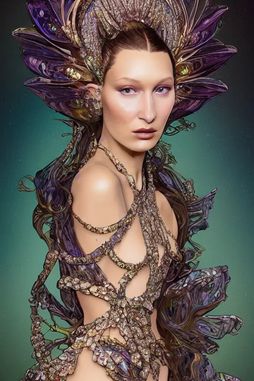 Image similar to a highly detailed painting of a beautiful alien goddess bella hadid in iris van herpen dress schiaparelli in diamonds in style of alphonse mucha art nuvo trending on artstation octane render