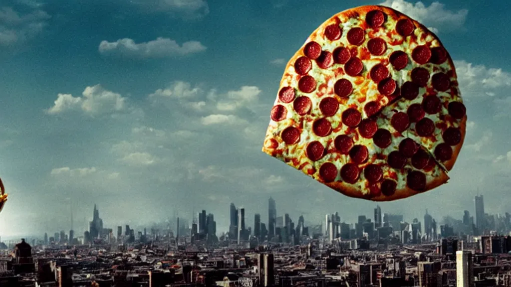 Image similar to the giant pizza floats the city, film still from the movie directed by denis villeneuve and david cronenberg with art direction by salvador dali and dr. seuss