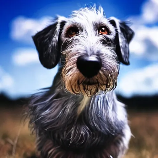 Image similar to an elderly, grey wire-haired dachshund floating in heaven, blue sky, surrounded by beautiful white clouds, with a halo over his head