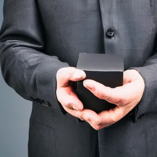 Image similar to a man holding out a small black box that contains his consciousness